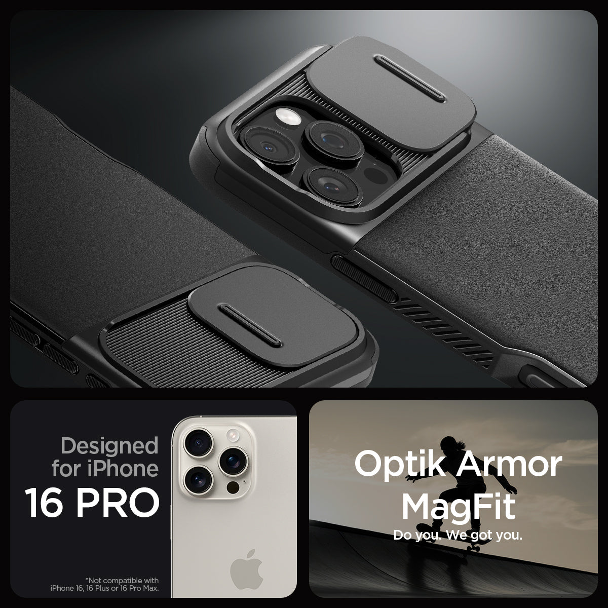 ACS08149 - iPhone 16 Pro Case Optik Armor (MagFit) in Black showing the compatibility only with iPhone 16 Pro. Not compatible with iPhone 16, 16 Plus or 16 Pro Max