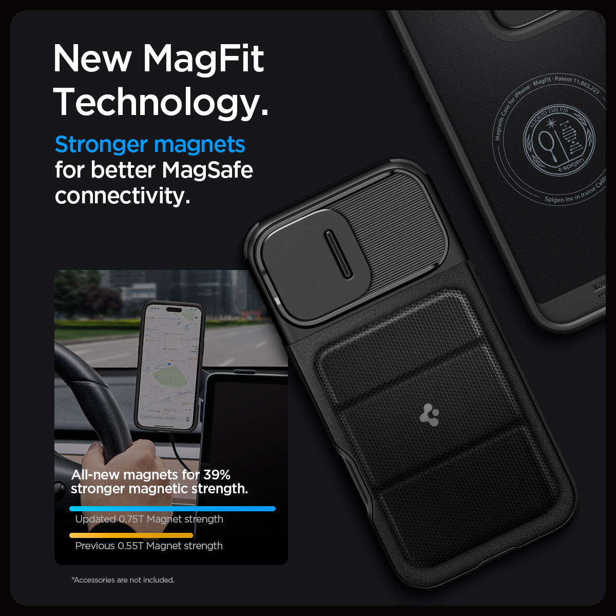 ACS08149 - iPhone 16 Pro Case Optik Armor (MagFit) in Black showing the new magfit technology. Stronger magnet for better magsafe connectivity. All-new magnets for 39% stronger magnetic strength