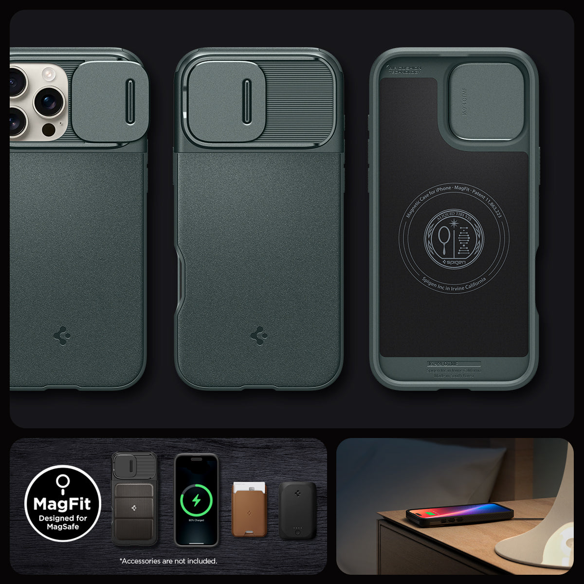 ACS08150 - iPhone 16 Pro Case Optik Armor (MagFit) in Abyss Green showing the different angles