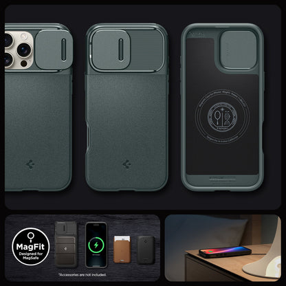 ACS08016 - iPhone 16 Pro Max Case Optik Armor (MagFit) in Abyss Green showing the different angles