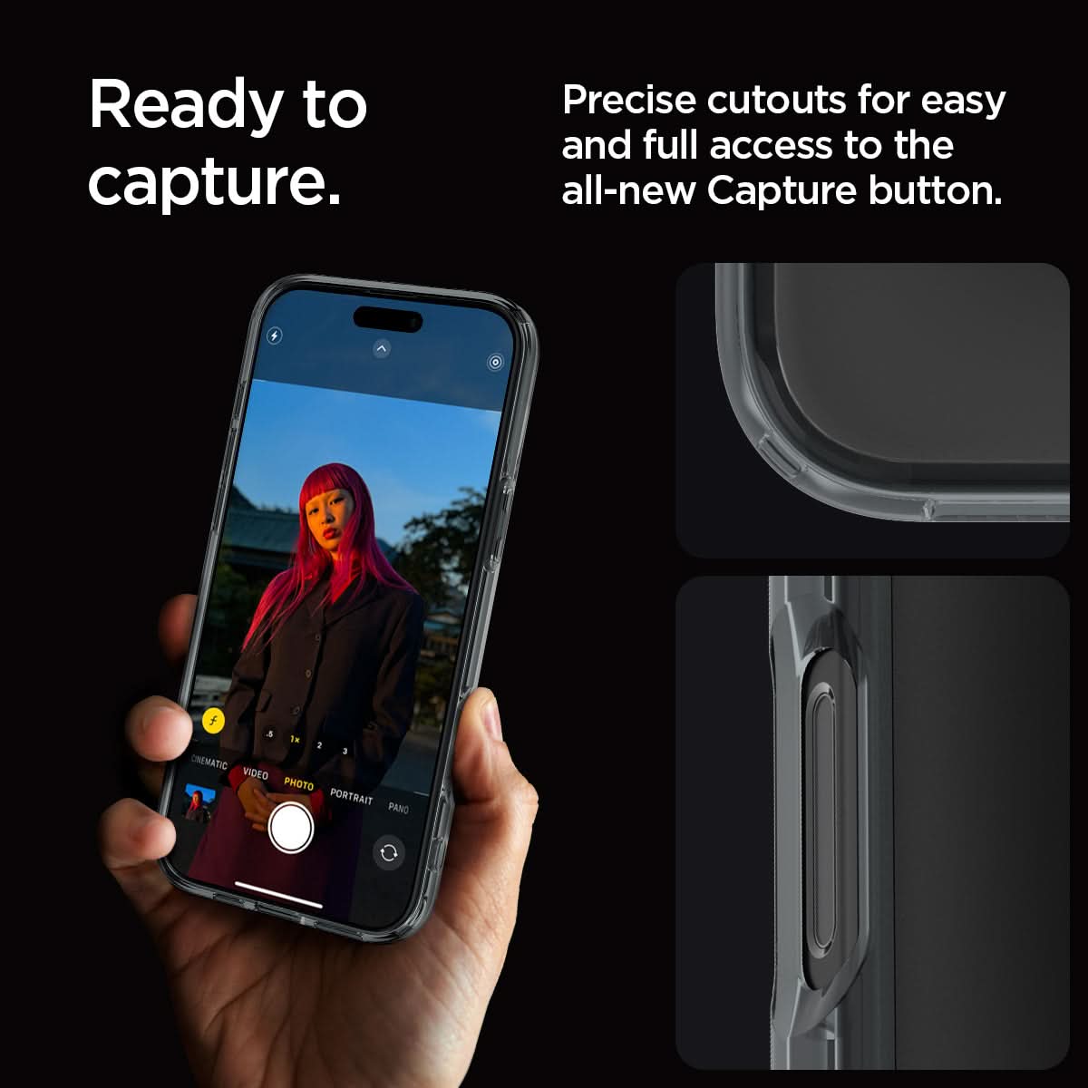 ACS07994 - iPhone 16 Pro Max Case Ultra Hybrid in Space Crystal ready to capture. precise cutouts for easy and full access to the all new capture button.