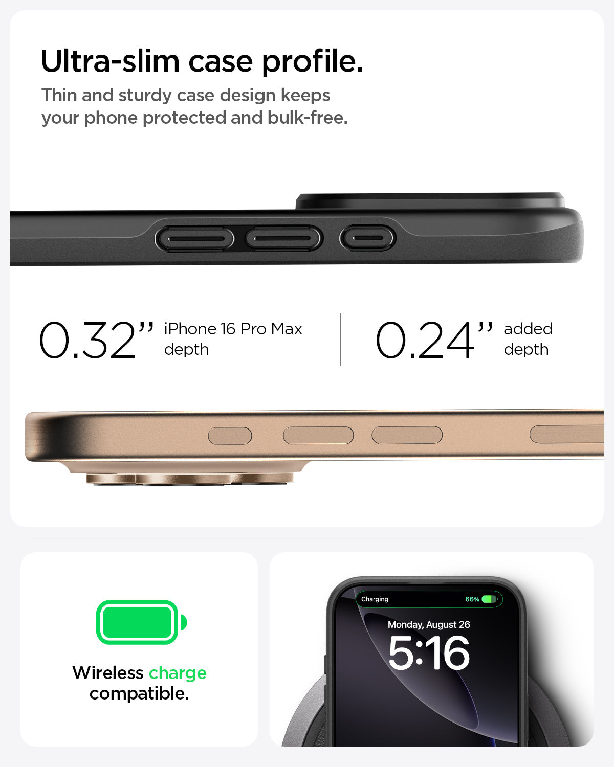 ACS07978 - iPhone 16 Pro Max Case Thin Fit (MagFit) in Black ultra slim case profile. Thin and sturdy case design keeps your phone protected and bulk free. 0.32" iPhone 16 Pro Max depth. 0.24" added depth. wireless charge compatible.