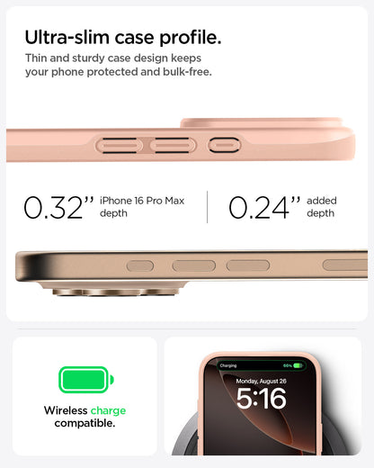 ACS08686 - iPhone 16 Pro Max Case Thin Fit (MagFit) in Rose Titanium ultra slim case profile. Thin and sturdy case design keeps your phone protected and bulk free. 0.32" iPhone 16 Pro Max depth. 0.24" added depth. wireless charge compatible.