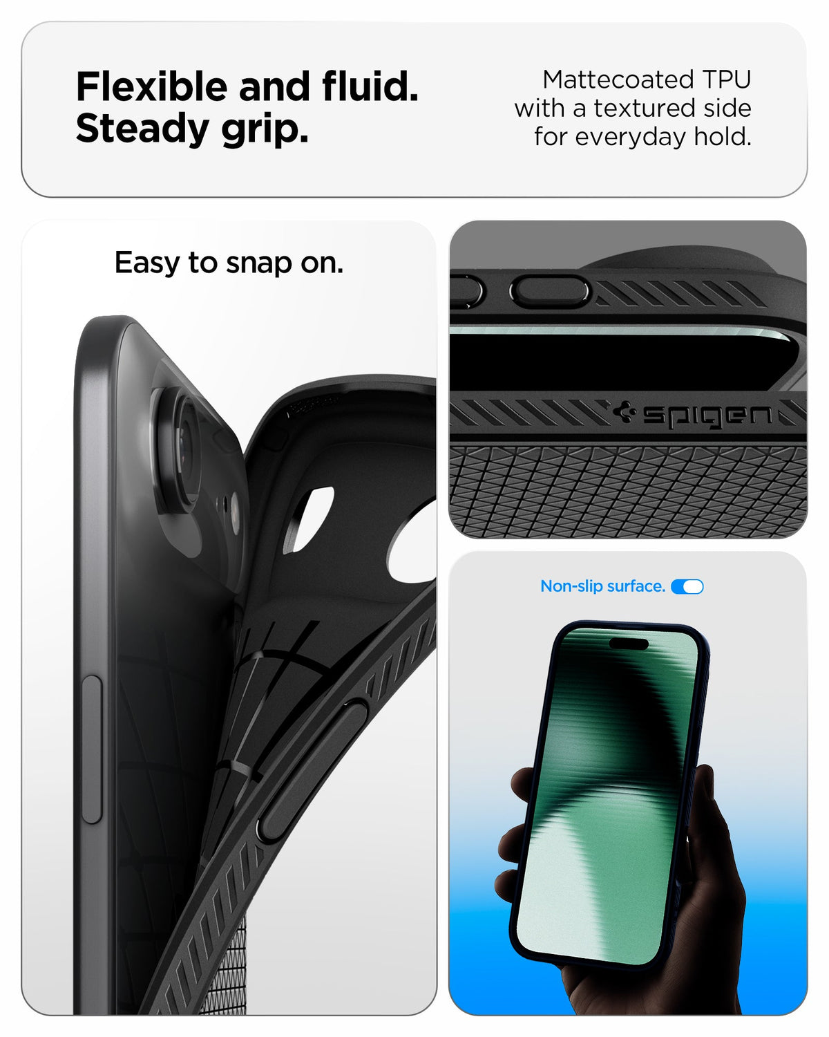 ACS09922 - iPhone 17 Air Liquid Air in Matte Black showing flexible and fluid steady grip. mattecoated TPU with a textured side for everyday hold.
