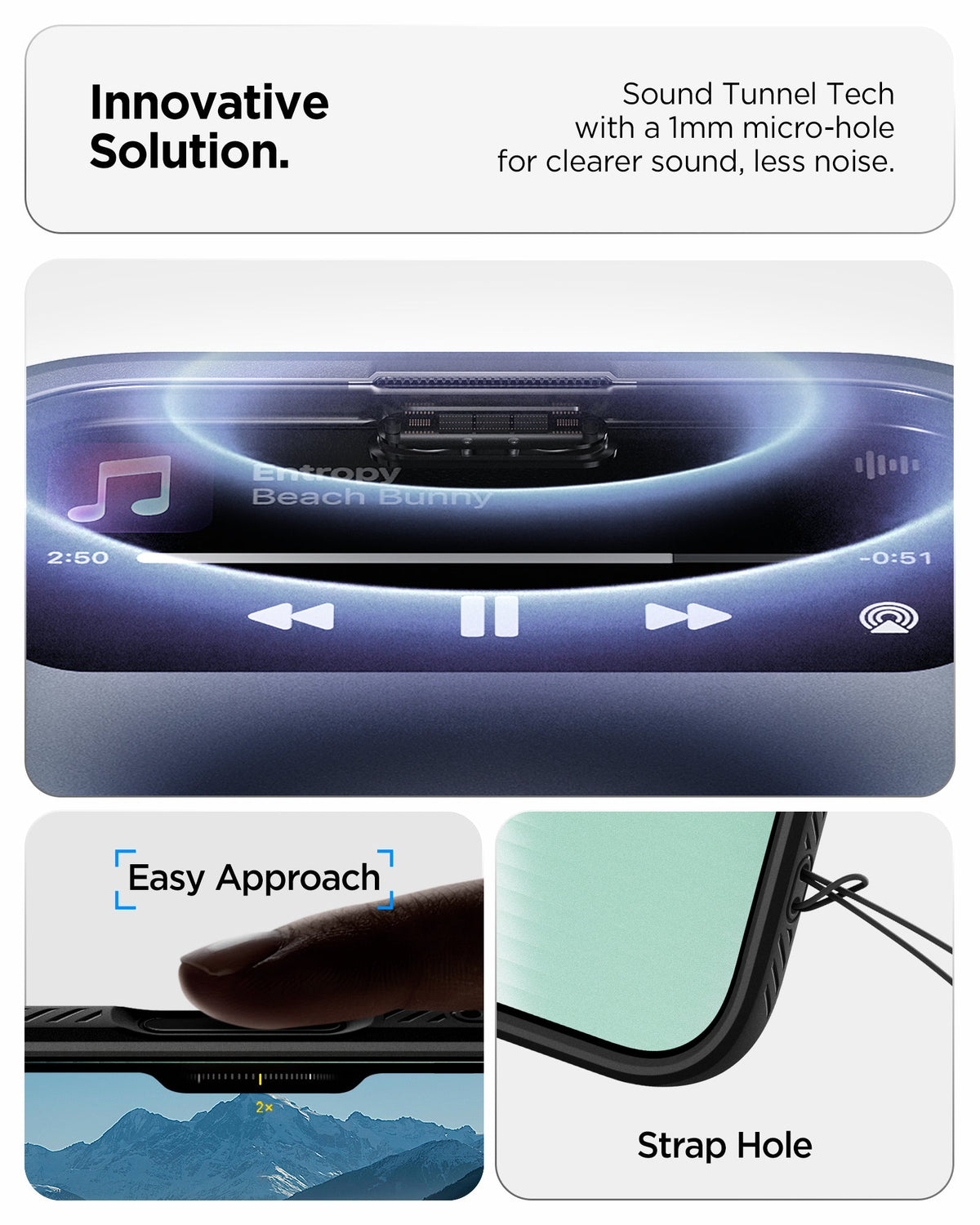ACS09922 - iPhone 17 Air Liquid Air in Matte Black showing innovative solution. sound tunnel tech with a 1mm micro hole for cleaner sound, less noise.