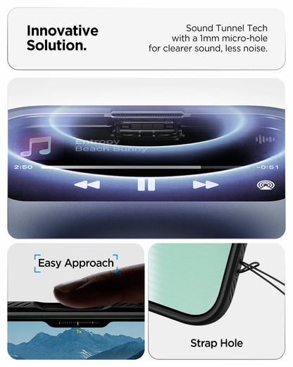 ACS09922 - iPhone 17 Air Liquid Air in Matte Black showing innovative solution. sound tunnel tech with a 1mm micro hole for cleaner sound, less noise.