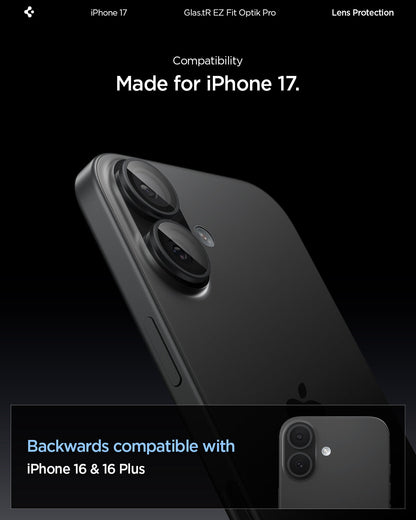 AGL07921 - iPhone 17 Optik Pro EZ Fit Lens Protector showing the compatibility. Made for the iPhone 17