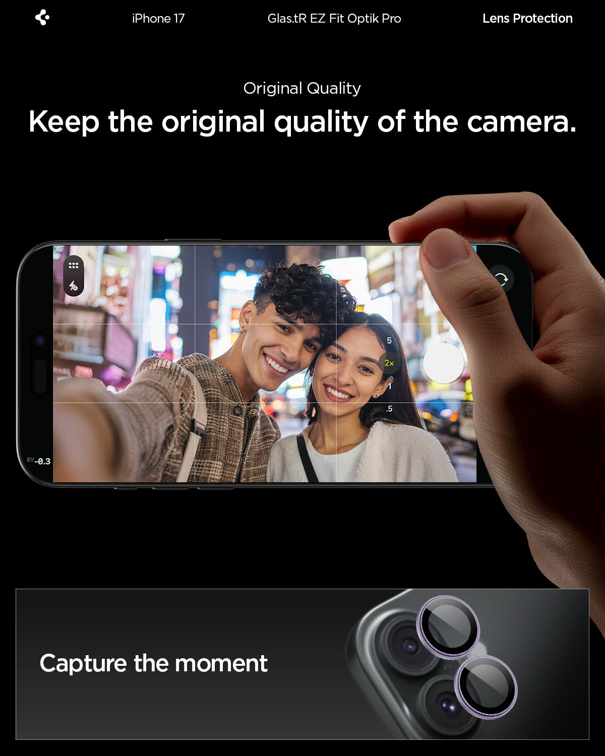AGL10127 - iPhone 17 Optik Pro EZ Fit Lens Protector showing the original quality. Keep the original quality of the camera and capture the moment