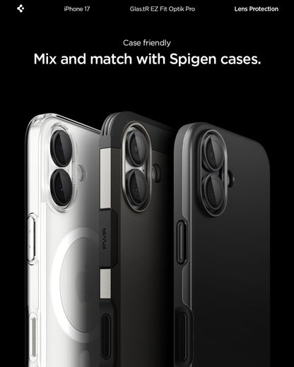 AGL07921 - iPhone 17 Optik Pro EZ Fit Lens Protector showing the case friendliness. Mix and match with Spigen cases