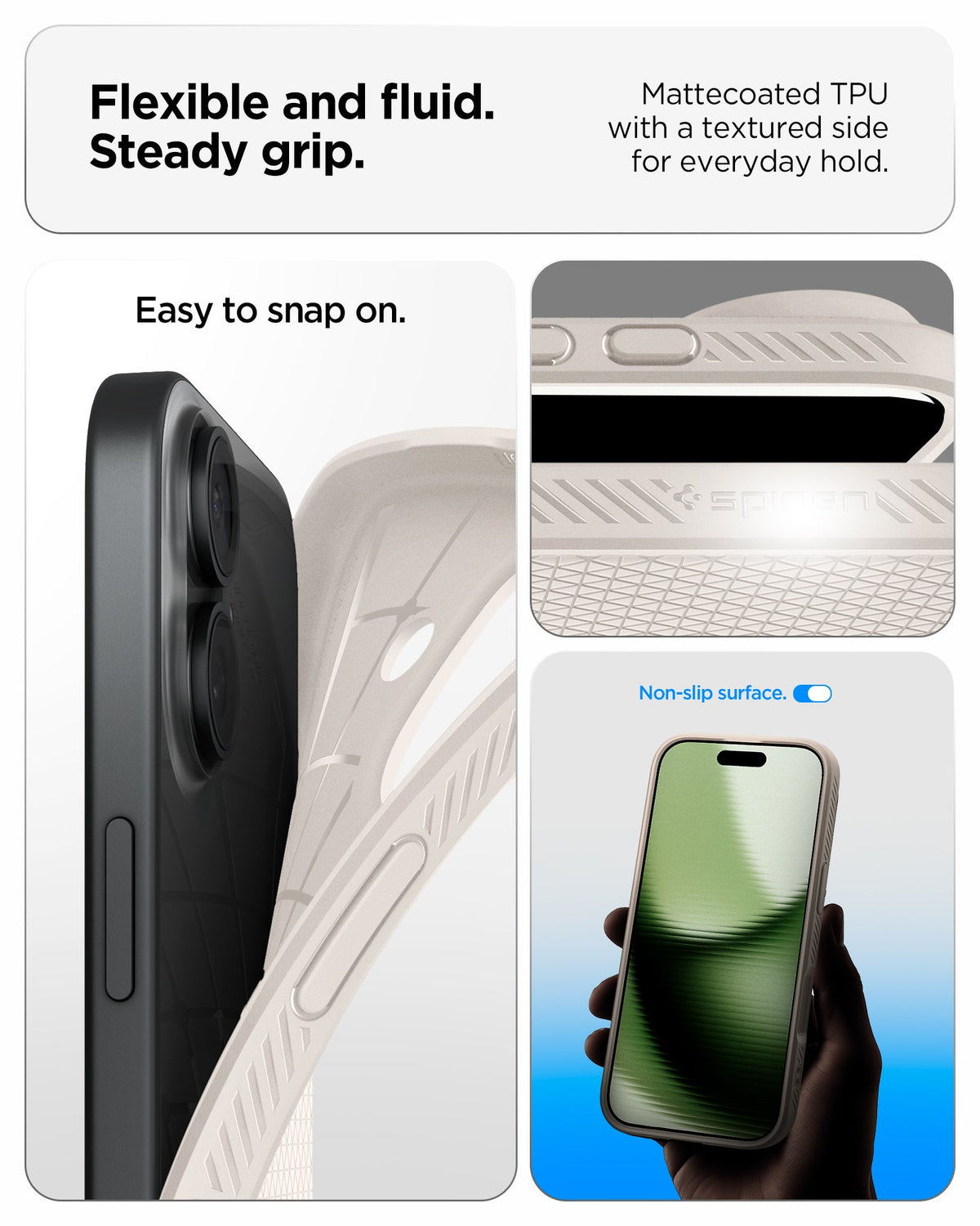 ACS09980 - iPhone 17 Liquid Air in Natural Titanium showing flexible and fluid steady grip. mattecoated TPU with a textured side for everyday hold.