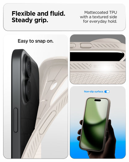ACS09980 - iPhone 17 Liquid Air in Natural Titanium showing flexible and fluid steady grip. mattecoated TPU with a textured side for everyday hold.
