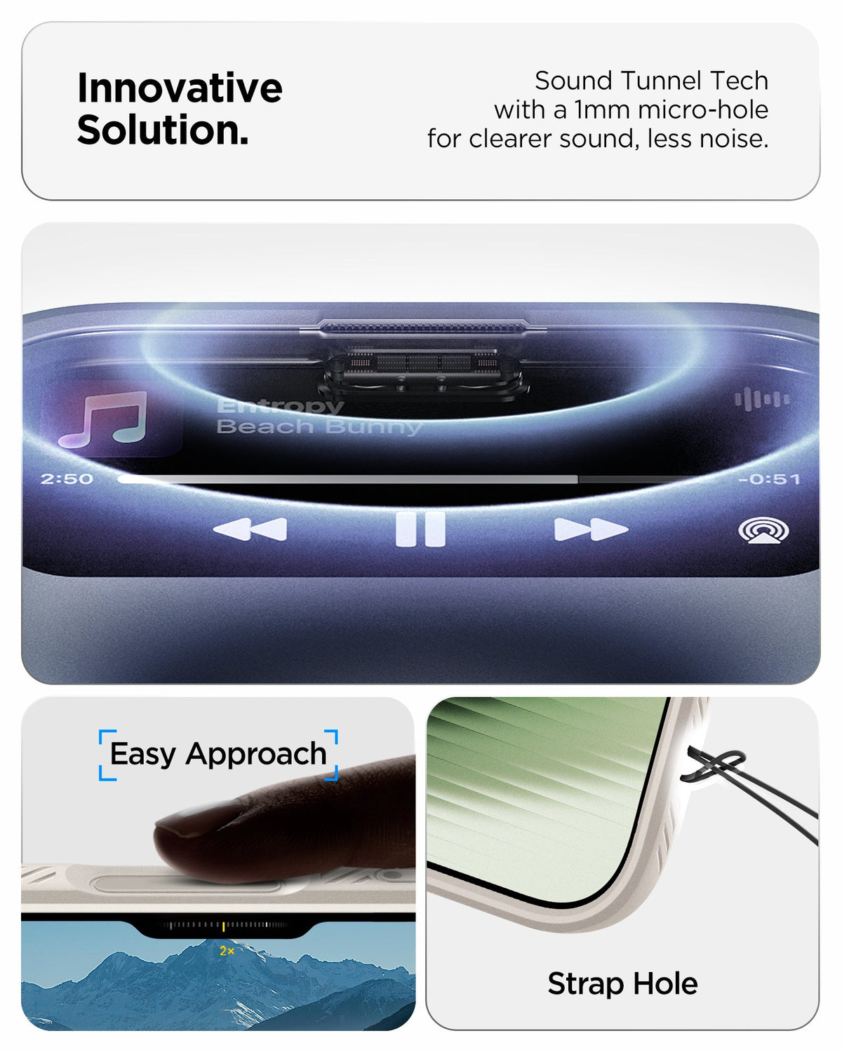 ACS09980 - iPhone 17 Liquid Air in Natural Titanium showing innovative solution. sound tunnel tech with a 1mm micro hole for cleaner sound, less noise.
