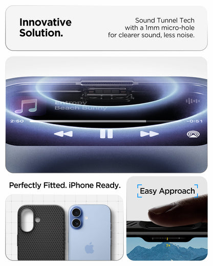 ACS09977 - iPhone 17 Liquid Air in Matte Black showing innovative solution. sound tunnel tech with a 1mm micro hole for cleaner sound, less noise.