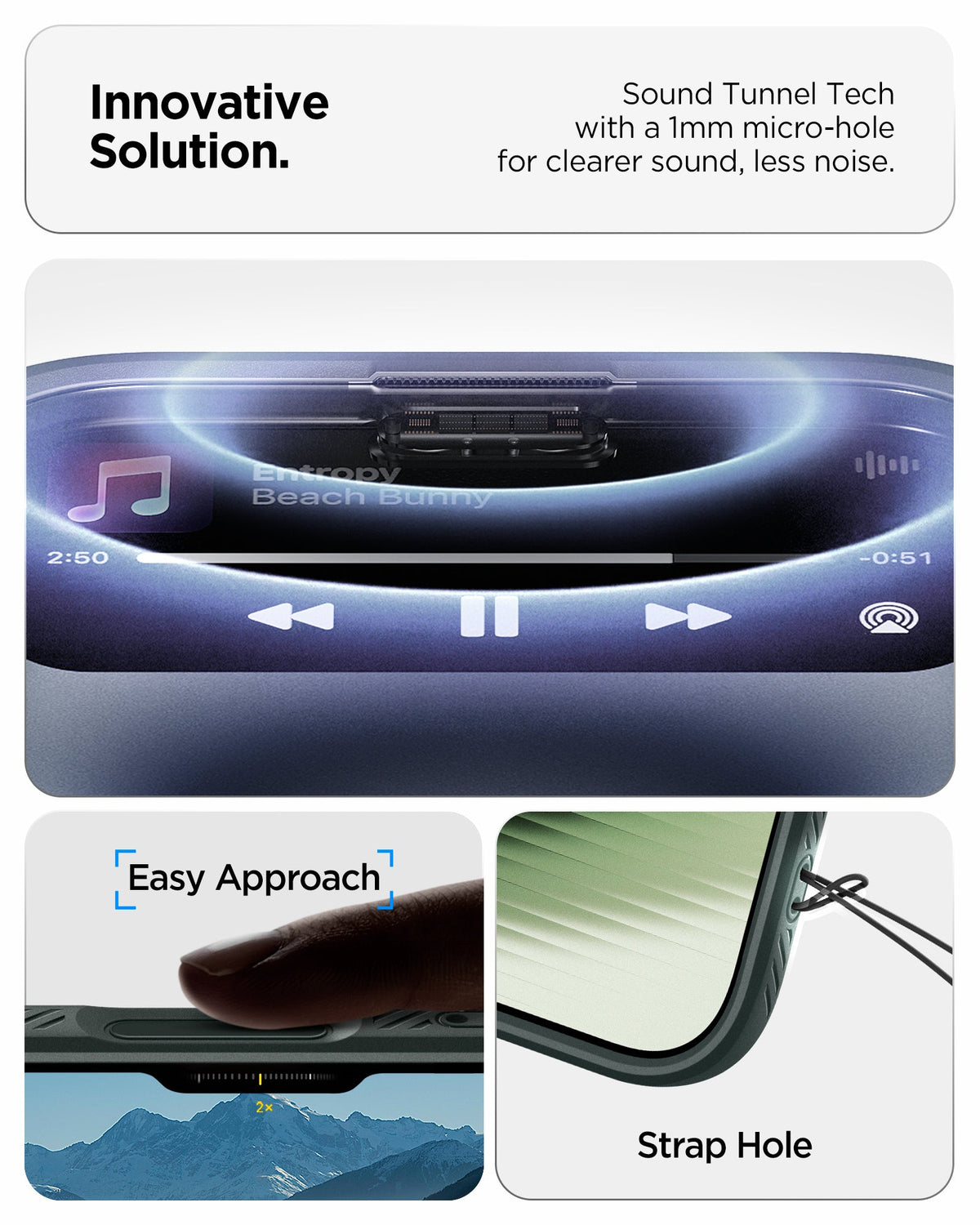 ACS09979 - iPhone 17 Liquid Air in Abyss Green showing innovative solution. sound tunnel tech with a 1mm micro hole for cleaner sound, less noise.