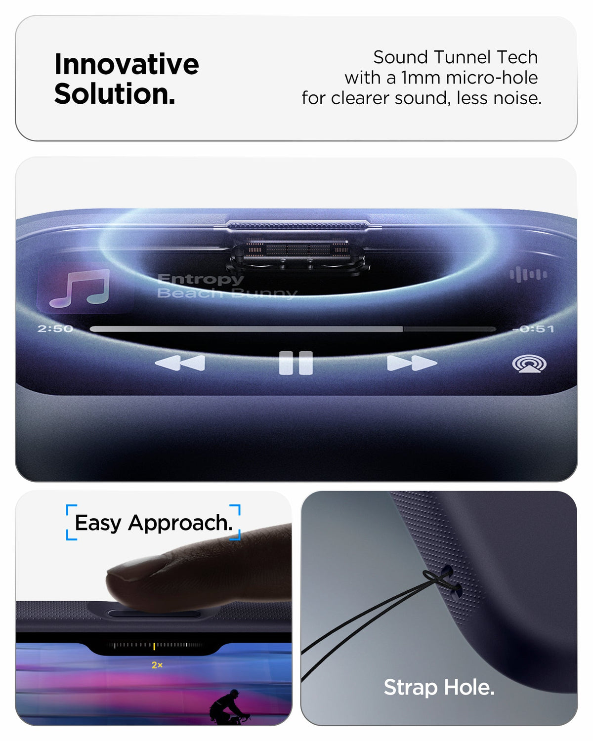 ACS09990 - iPhone 17 Nano Pop (MagFit) in Blueberry Navy showing the innovative solution. Sound tunnel tech with a 1mm micro-hole for clearer sound, less noise
