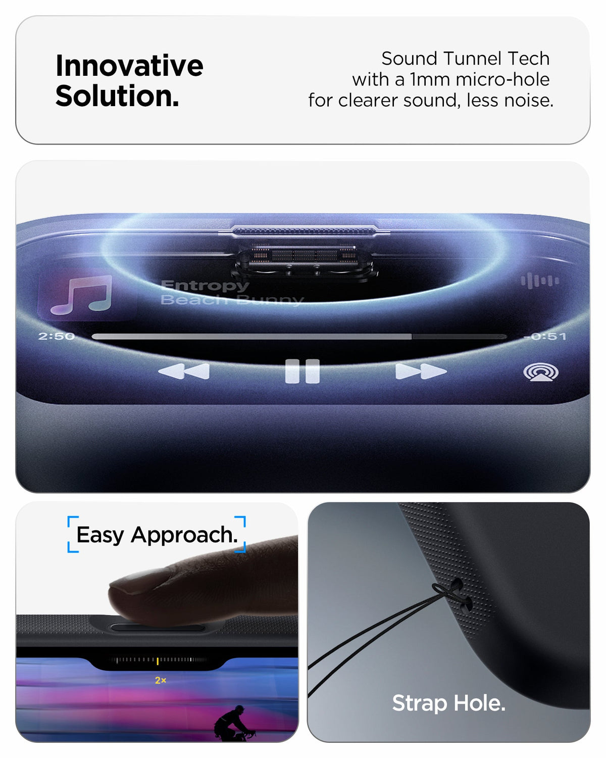 ACS09992 - iPhone 17 Nano Pop (MagFit) in Black Sesame showing the innovative solution. Sound tunnel tech with a 1mm micro-hole for clearer sound, less noise