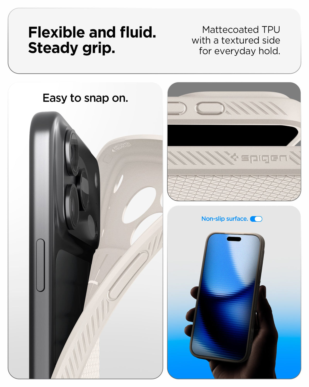 ACS09945 - iPhone 17 Pro Liquid Air in Natural Titanium showing flexible and fluid steady grip. mattecoated TPU with a textured side for everyday hold.
