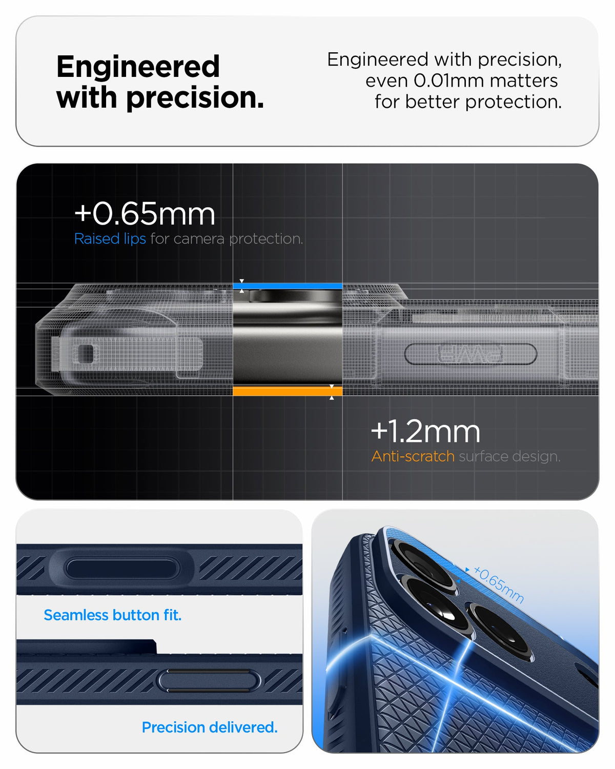 ACS09943 - iPhone 17 Pro Liquid Air in Navy Blue showing engineered with precision. even 0.01mm matters for better protection. seamless button fit. precision delivered.