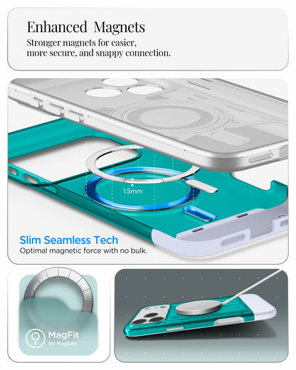 ACS09908 - iPhone 17 Pro Max Case Classic C1 (MagFit) in bondi blue showing enhanced magnets. stronger magnets for easier more secure and snappy connection. slim seamless tech. optimal magnetic force with no bulk.