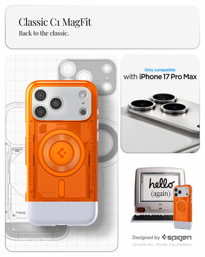 ACS09910 - iPhone 17 Pro Max Case Classic C1 (MagFit) in tangerine showing classic C1 magfit. Back to the classic. designed by spigen.
