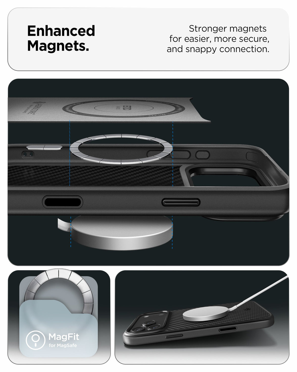ACS09906 - iPhone 18 Pro Max / iPhone 17 Pro Max Enzo Aramid T (Mag Fit) Black Black showing enhanced magnets designed for a secure and easy magnetic connection