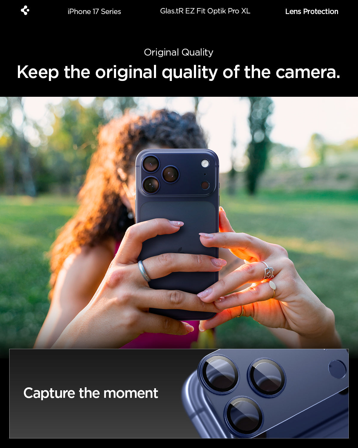 AGL10651 - iPhone 17 Pro Max Optik Pro XL EZ Fit Lens Protector in blue showing keeping the original quality of the camera