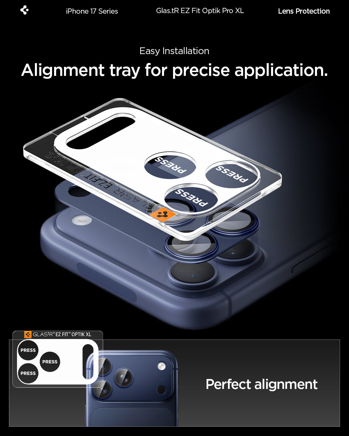 AGL10651 - iPhone 17 Pro Max Optik Pro XL EZ Fit Lens Protector in blue showing the alignment tray for precise application, achieve perfect alignment