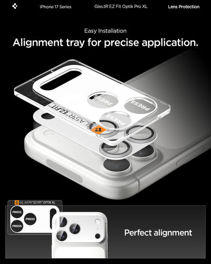 AGL10652 - iPhone 17 Pro Max Optik Pro XL EZ Fit Lens Protector in silver showing the alignment tray for precise application, achieve perfect alignment