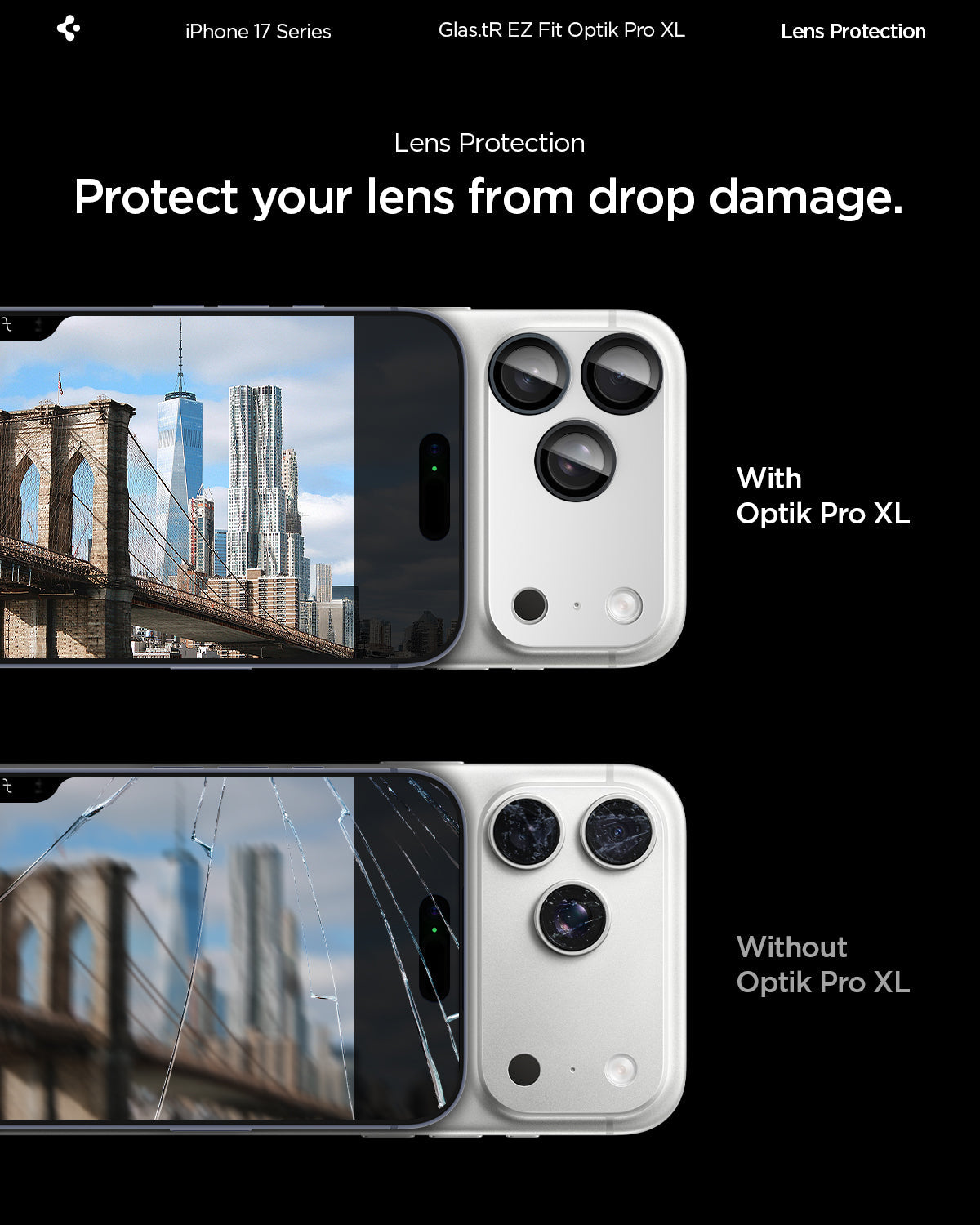 AGL10652 - iPhone 17 Pro Max Optik Pro XL EZ Fit Lens Protector in silver showing how it protects your lens from drop damage