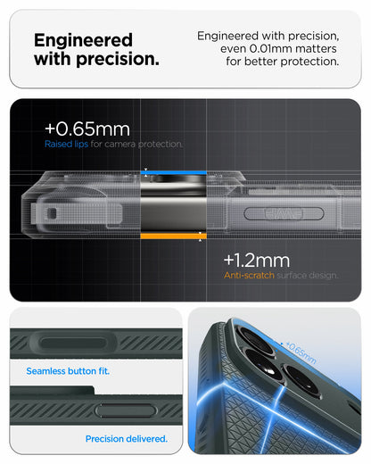 ACS09890 - iPhone 17 Pro Max Liquid Air in Abyss Green showing engineered with precision. even 0.01mm matters for better protection. seamless button fit. precision delivered.