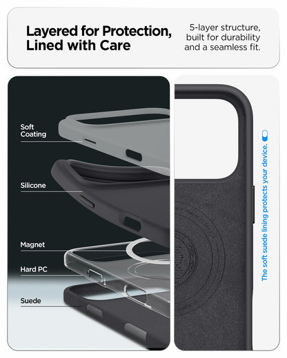 ACS09902 - iPhone 17 Pro Max Silicone Fit (MagFit) Case in black showing layered for protection, lined with care. 5 layer structure built for durability and a seamless fit
