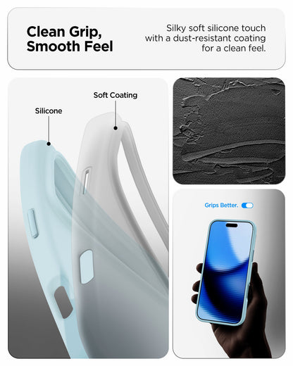 ACS10048 - iPhone 17 Pro Max Silicone Fit (MagFit) Case in blue showing clean grip, smooth feel, silky soft silicone touch with a dust resistant coating for a clean feel.