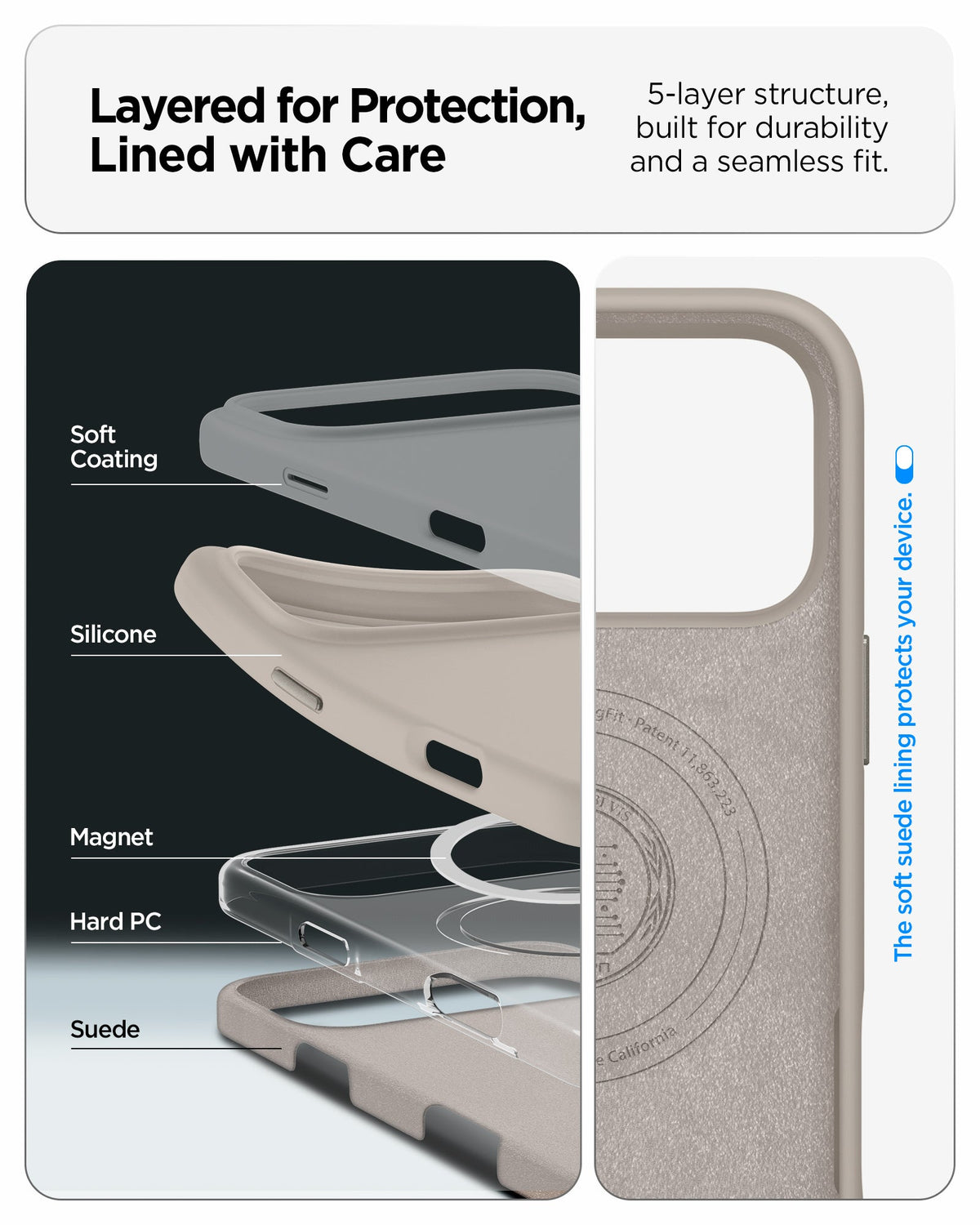 ACS09904 - iPhone 17 Pro Max Silicone Fit (MagFit) Case in stone showing layered for protection, lined with care. 5 layer structure built for durability and a seamless fit