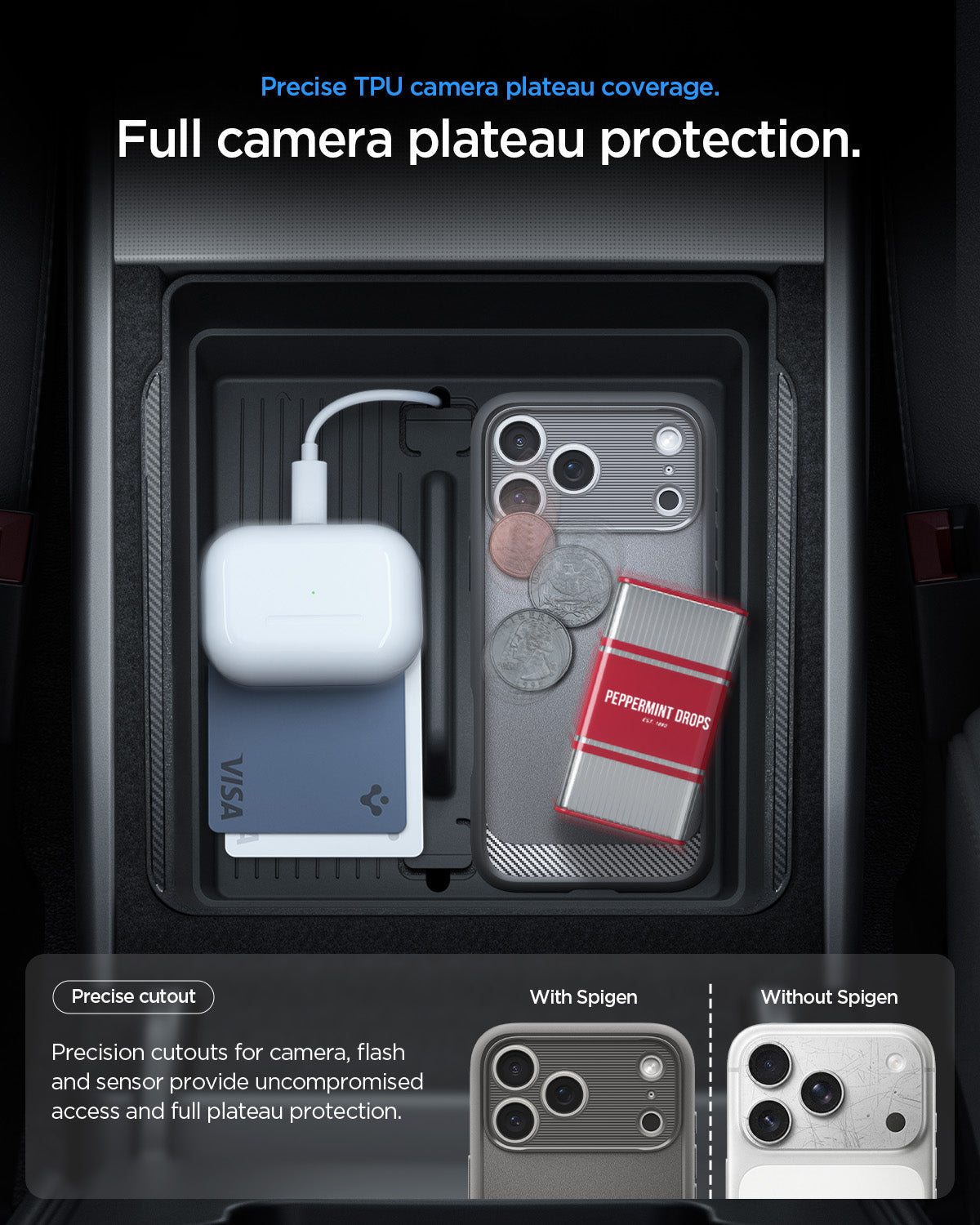 ACS09941 - iPhone 18 Pro / iPhone 17 Pro Rugged Armor (MagFit) in Gray showing precise TPU camera plateau coverage. Full camera plateau protection.