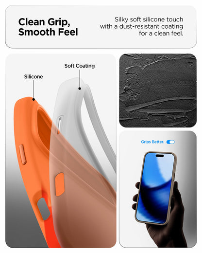 ACS11379 - iPhone 17 Pro Silicone Fit (Mag Fit) in Cosmic Orange showing clean grip, smooth feel, silky soft silicone touch with a dust resistant coating for a clean feel.