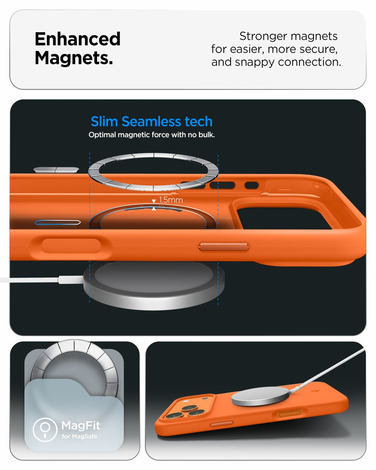 ACS11379 - iPhone 17 Pro Silicone Fit (Mag Fit) in Cosmic Orange showing enhanced magnets. stronger magnets for easier more secure and snappy connection.