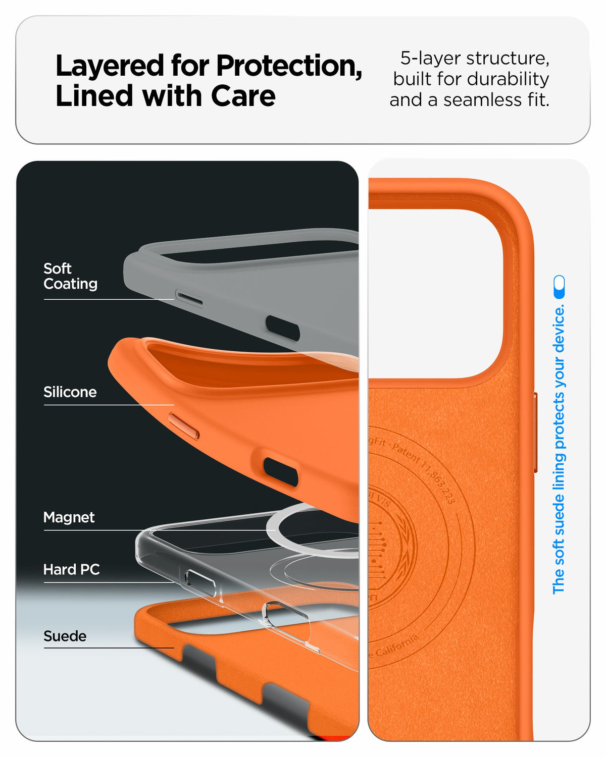 ACS11379 - iPhone 17 Pro Silicone Fit (Mag Fit) in Cosmic Orange showing layered for protection, lined with care. 5 layer structure built for durability and a seamless fit
