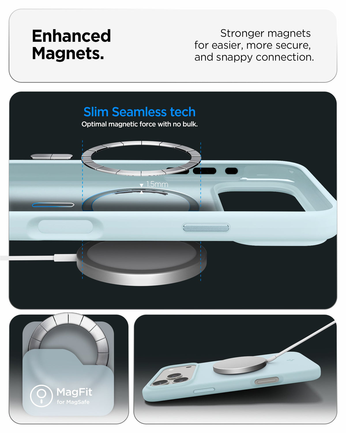 ACS10079 - iPhone 17 Pro Silicone Fit (MagFit) Case in blue showing enhanced magnets. stronger magnets for easier more secure and snappy connection.