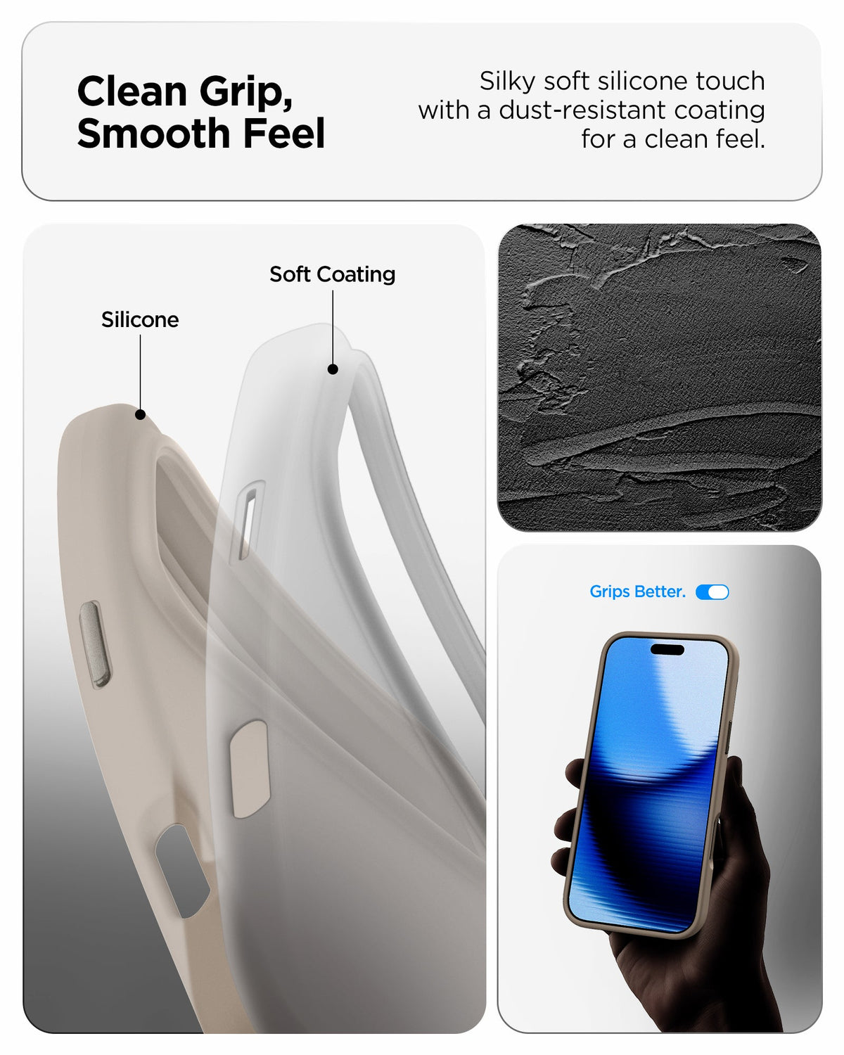 ACS09957 - iPhone 17 Pro Silicone Fit (MagFit) Case in stone showing clean grip, smooth feel, silky soft silicone touch with a dust resistant coating for a clean feel.