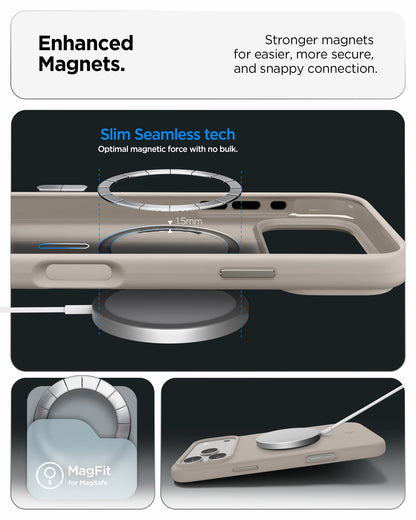 ACS09957 - iPhone 17 Pro Silicone Fit (MagFit) Case in stone showing enhanced magnets. stronger magnets for easier more secure and snappy connection.