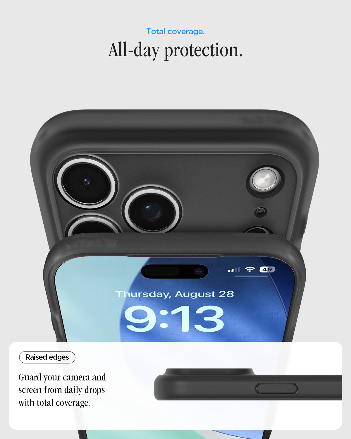 ACS10045 - iPhone 17 Pro Max Case Ultra Hybrid Classic (MagFit) in Classic Black showing total coverage. all day protection. raised edges. guard your camera and screen from daily drops with total coverage.