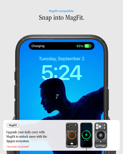 ACS10076 - iPhone 17 Pro Case Ultra Hybrid Classic (MagFit) in Classic Black showing magfit compatible. snap into magfit. upgrade your daily carry with magfit to unlock more with the spigen ecosystem.
