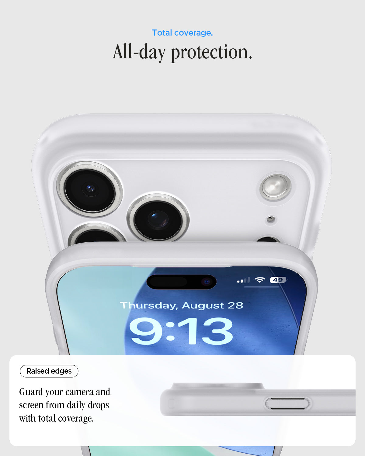 ACS10044 - iPhone 17 Pro Max Case Ultra Hybrid Classic (MagFit) in Classic Silver showing total coverage. all day protection. raised edges. guard your camera and screen from daily drops with total coverage.