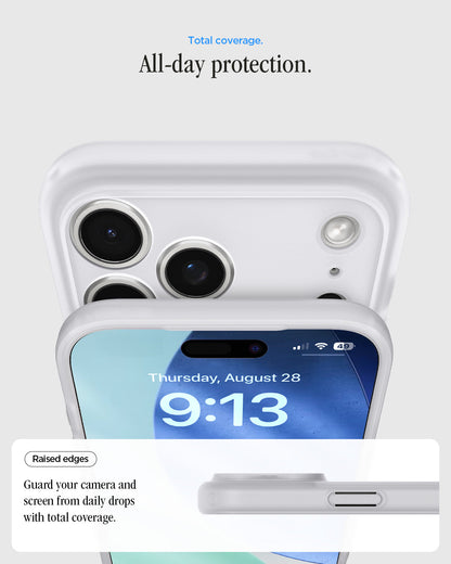 ACS10044 - iPhone 17 Pro Max Case Ultra Hybrid Classic (MagFit) in Classic Silver showing total coverage. all day protection. raised edges. guard your camera and screen from daily drops with total coverage.