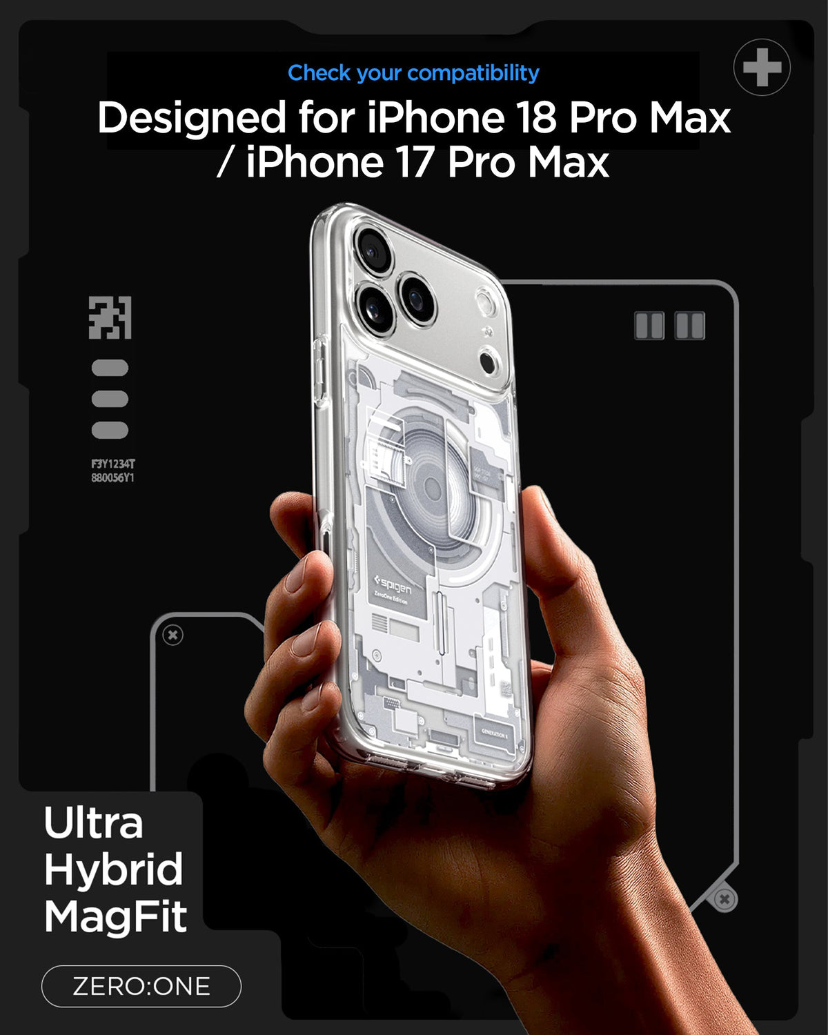 ACS10040 - iPhone 18 Pro Max / iPhone 17 Pro Max Ultra Hybrid Zero One (MagFit) White showing a transparent case with a detailed schematic back design and integrated magnetic alignment