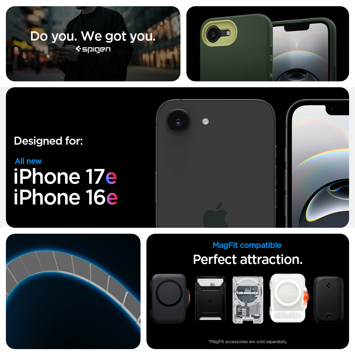 ACS09157 - iPhone 17e Case Nano Pop (MagFit) showing iPhone 17e and iPhone 16e compatibility and compatibility with Mag Fit. with Mag fit accessories showcases of Mag Fit wallets and chargers but Mag fit accessories are sold separately.