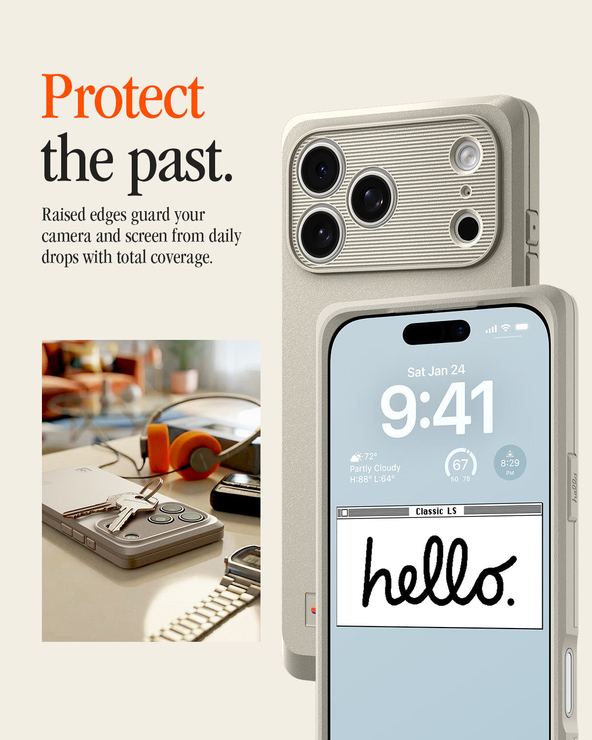 ACS10479 - iPhone 17 Pro Classic LS MagFit showing the case's raised camera bezel and screen edge, with a lock screen reading "Classic LS hello." beside a desk scene.