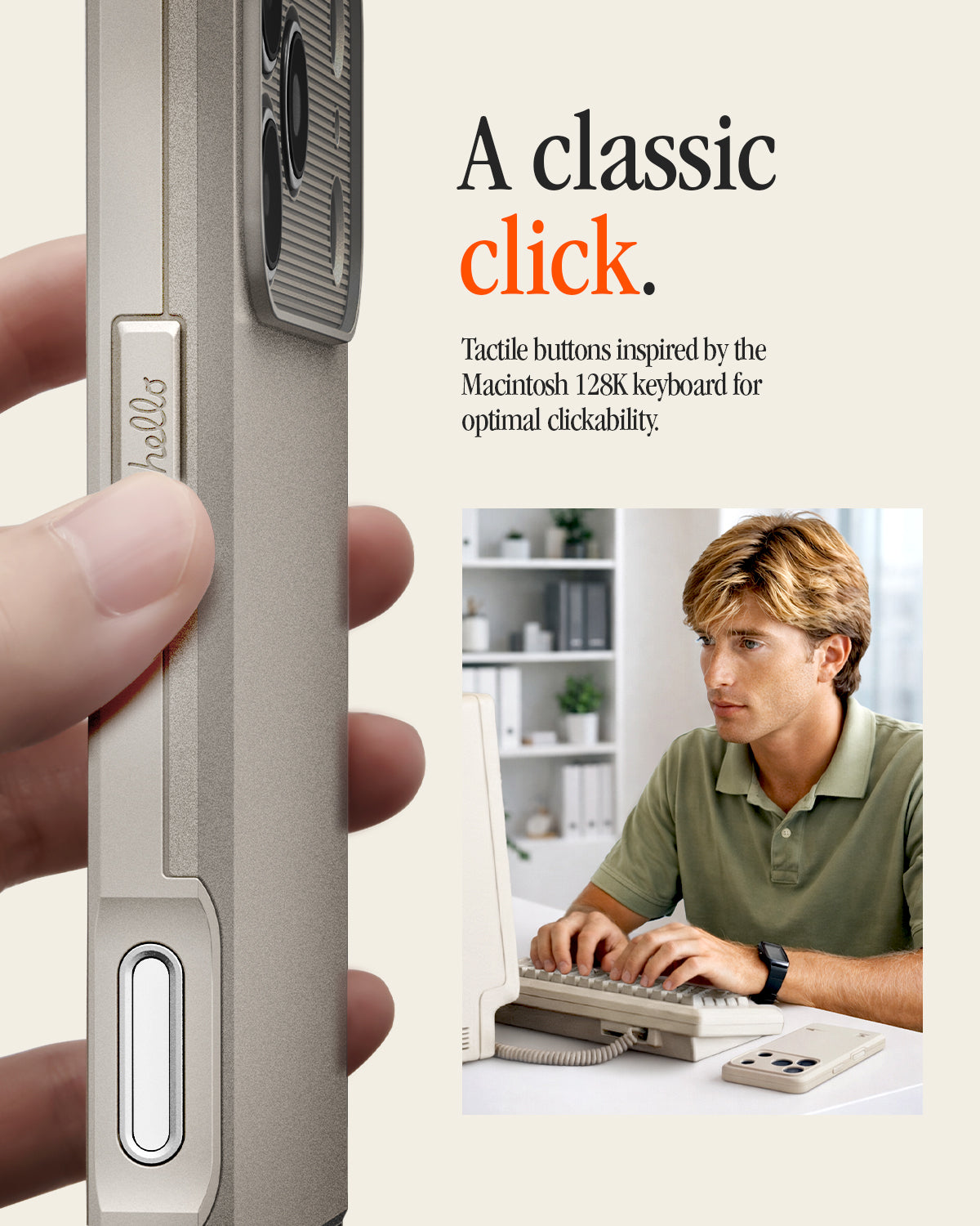 ACS10479 - iPhone 17 Pro Classic LS MagFit showing a hand pressing the case's tactile side button, next to a man typing on a vintage Macintosh keyboard.