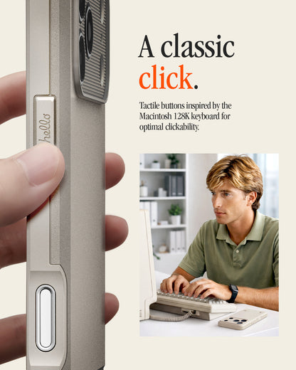 ACS10479 - iPhone 17 Pro Classic LS MagFit showing a hand pressing the case's tactile side button, next to a man typing on a vintage Macintosh keyboard.