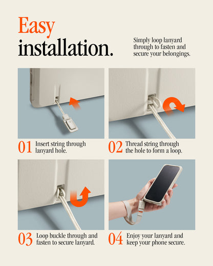 ACS10478 - iPhone 17 Pro Max Classic LS MagFit case showing four steps to install a lanyard: insert string, thread through hole, loop and fasten buckle, then carry phone.